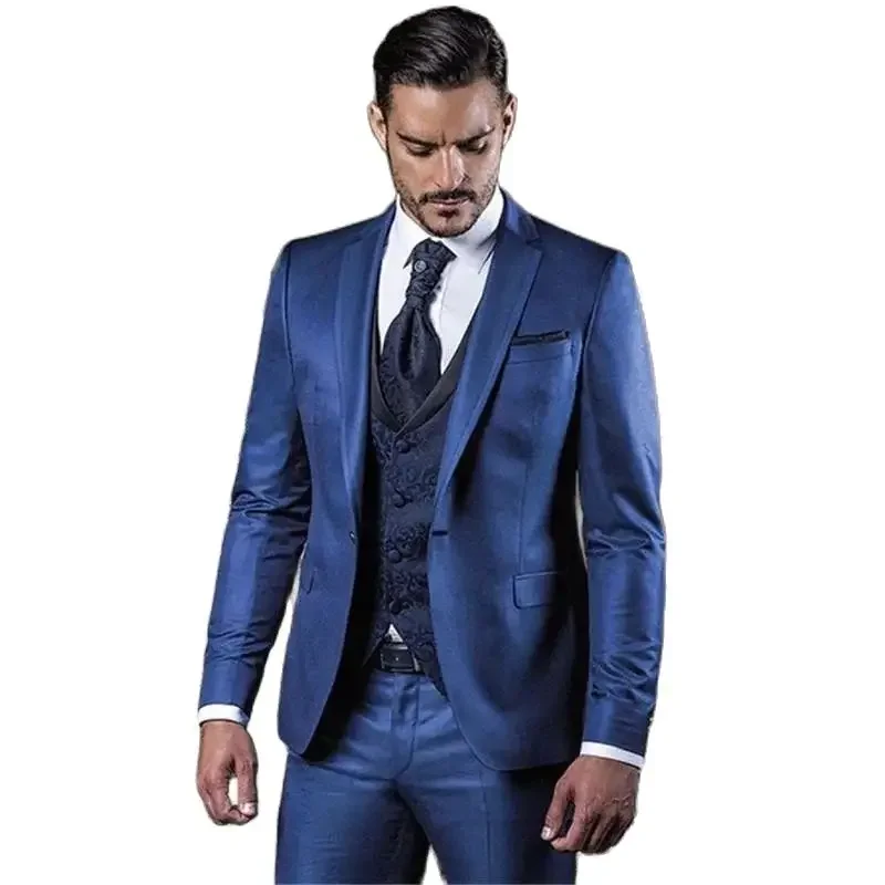 Formal Blue Men\'s Suits 3 Piece Jacket Pants Vest Sets One Button Notch Lapel Regular Length Full Sets Wedding Male Clothing