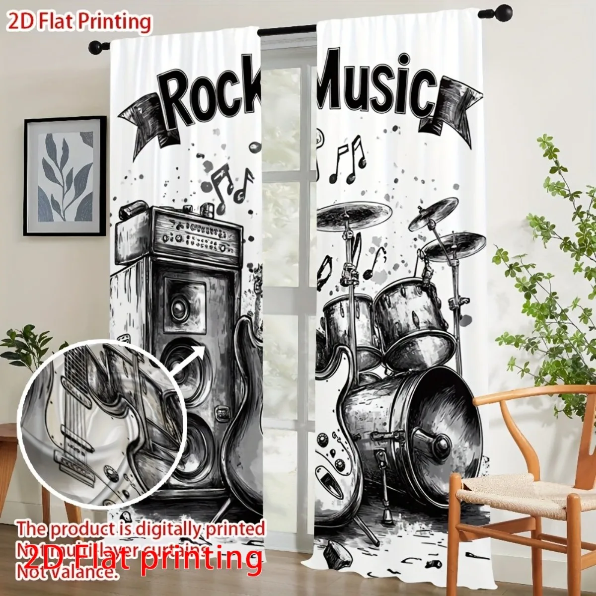 Rock Music Curtain, Vintage Speaker Drum Window Drape, Retro Band Instrument Decor, Black White Sketch Print Home Textile Fabric