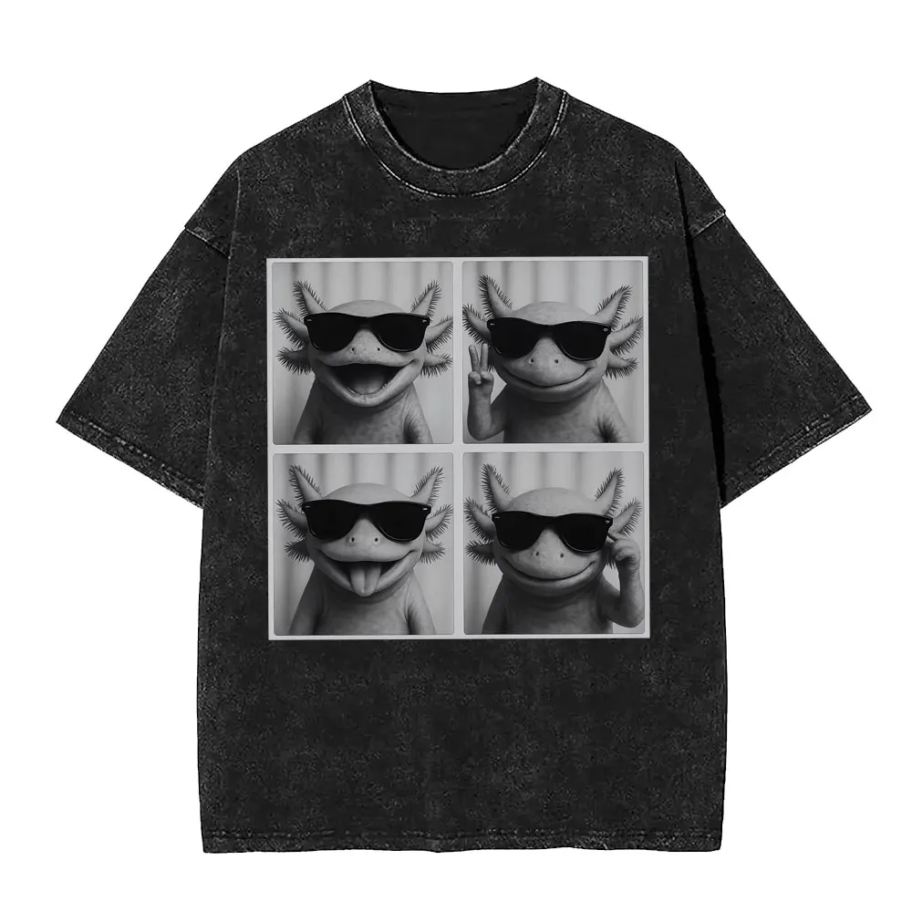 

Funny Axolotl Cool Photo Booth Print Vintage Washed T Shirt Summer Men's Women's Fashion Short-sleeved Hip-hop Casual T-shirts