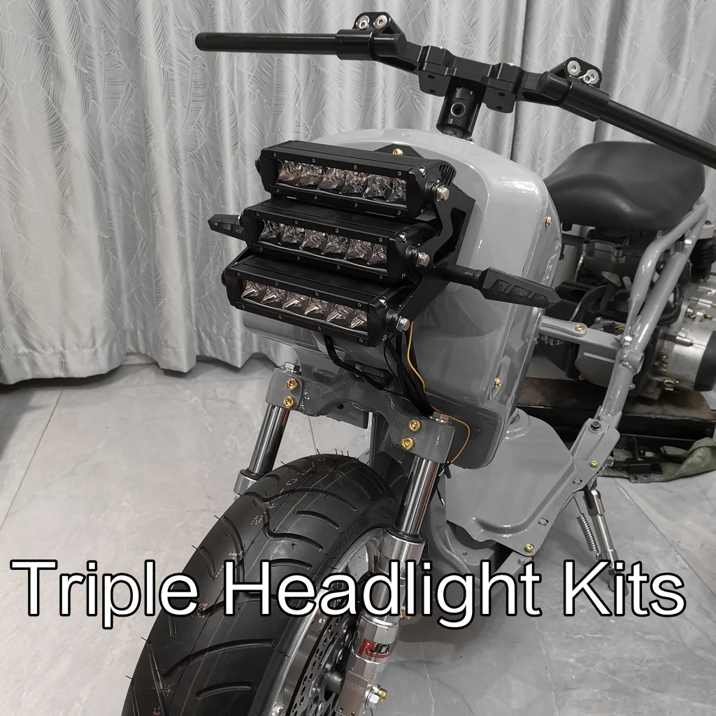 Triple Headlight Headlamp Kits Include Mount Bracket  For Honda Ruckus Zoomer GY6 Maddog Chuckus Parts Lowered Bar LED Light