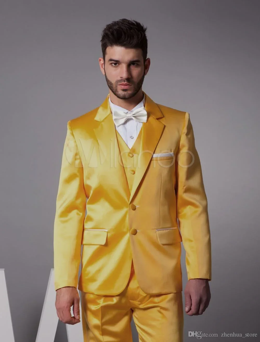 

Yellow Satin Men Suit Prom Stage Blazer Sets Slim Fit 3 Piece Tuxedo Custom Fashion Party Jacket Terno Masculino Costume Homme