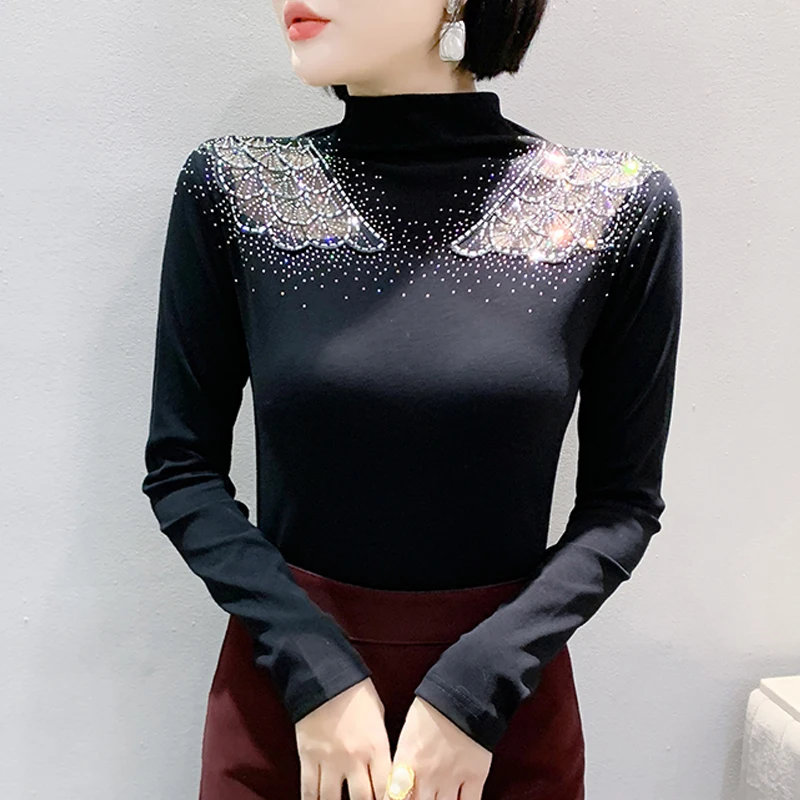 2025 Spring New European style Black T shirt Half High Collar Diamond Tops Sexy Patchwork Long Sleeve Women Shirt