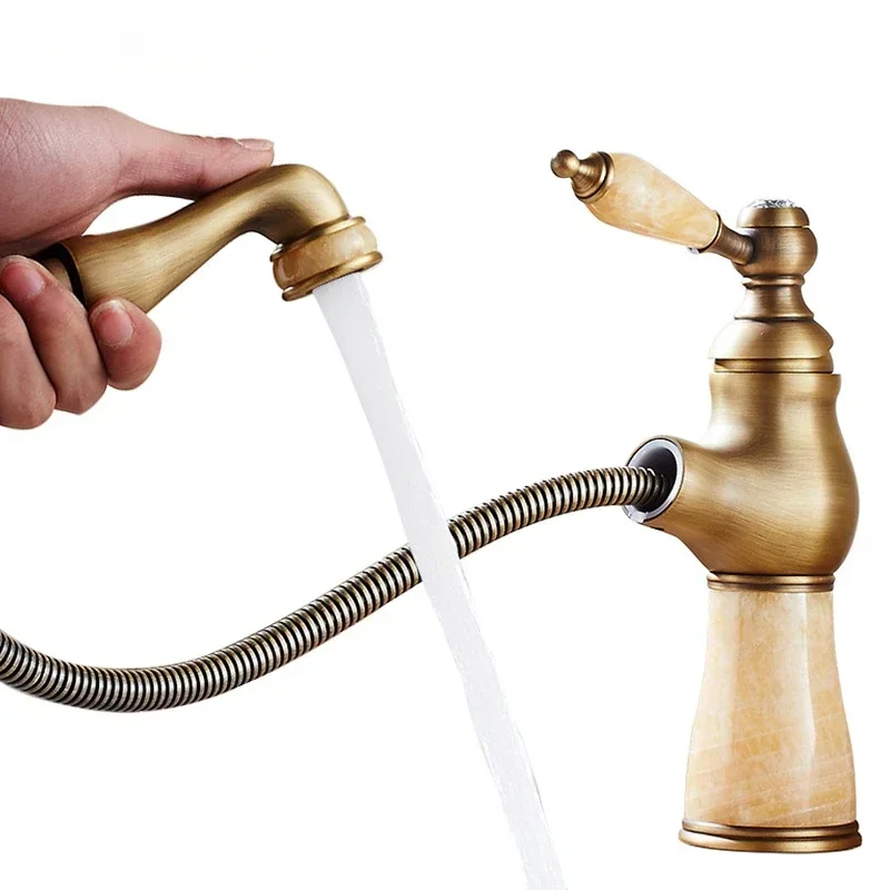 

Luxury Natural Jade Pull Out Faucet Full Brass Bathroom Sink Faucet Hot & Cold Water Full Brass Pull Out Basin Faucet