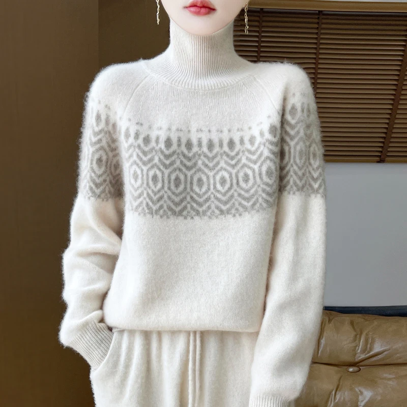 TLOML Nuove Donne Dolcevita Jacquard Pullover Maglione Autunno Inverno Spessore 100% Lana Merino Maglieria Morbido Caldo Bottoms Femminile Magliette e camicette