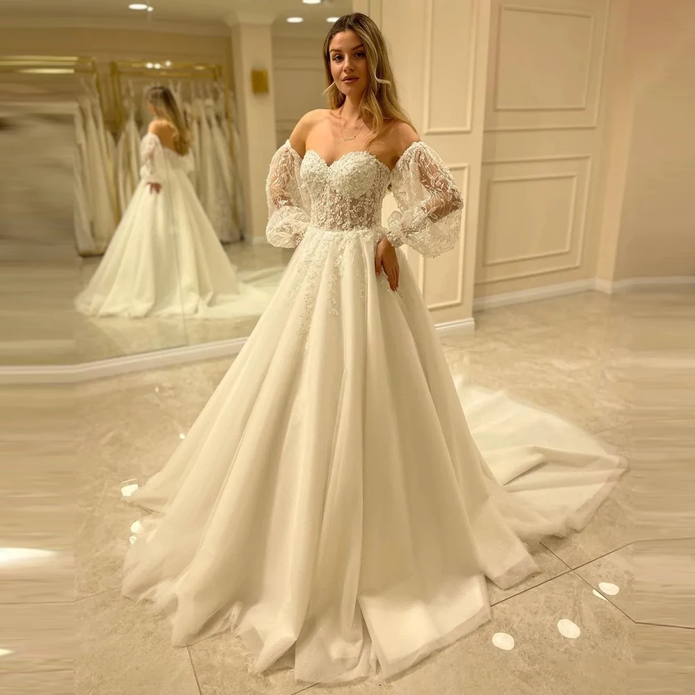 Vestidos De novia bohemios para mujer, elegante vestido De novia Formal con calcomanía De encaje De tul con escote Corazón y mangas farol De princesa