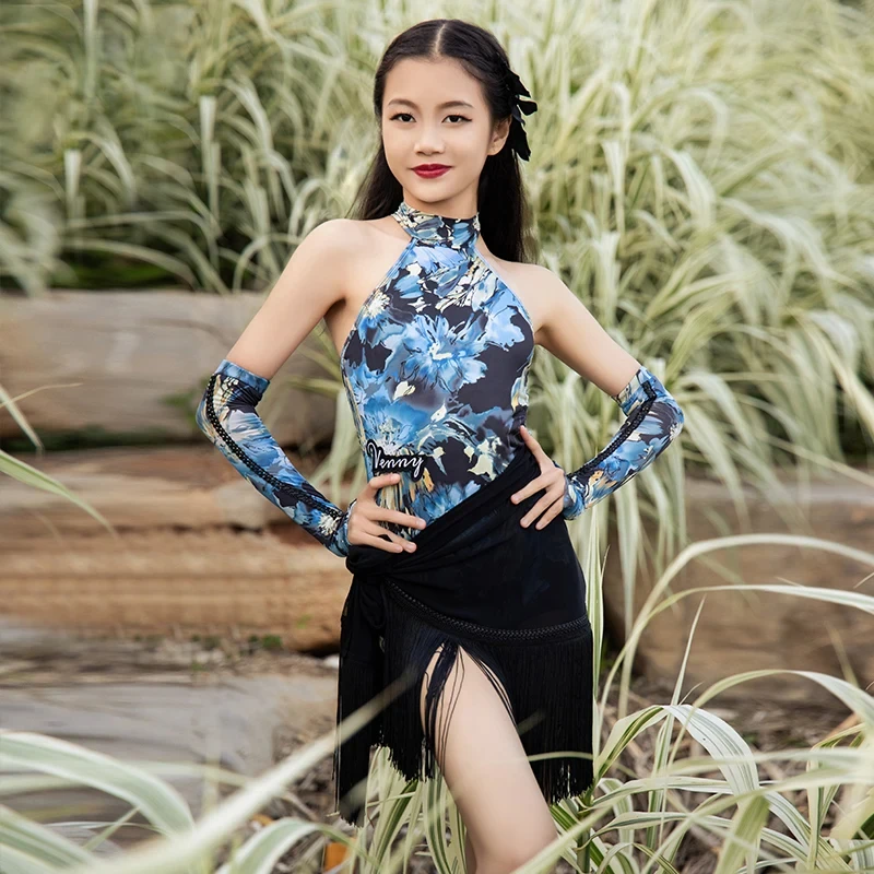 

Vennystyle Latin dance dress Breathable ice silk print floral dance dress halter halter dance dress girls fringe fringe