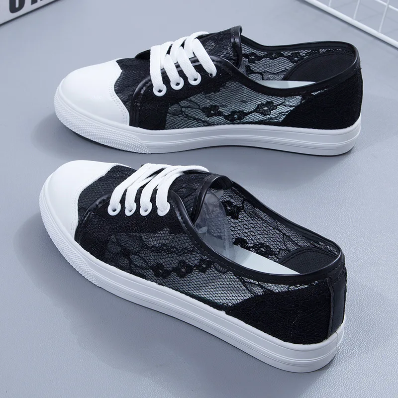 Mesh Flats Shoes White Women Sneakers Breathable Lady Lace Causal Shoes Fashion 2023 New Summer Female Black Canvas Footwear