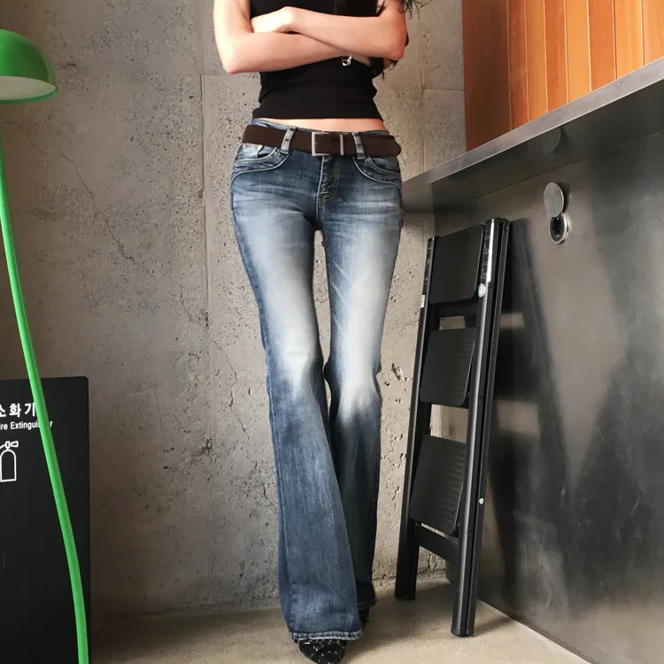 

Женские джинсы-клеш с низкой талией, сексуальные, с широкими штанинами, в американском ретро-стиле, из выстиранного хлопка, эластичные, повседневные, длинные брюки