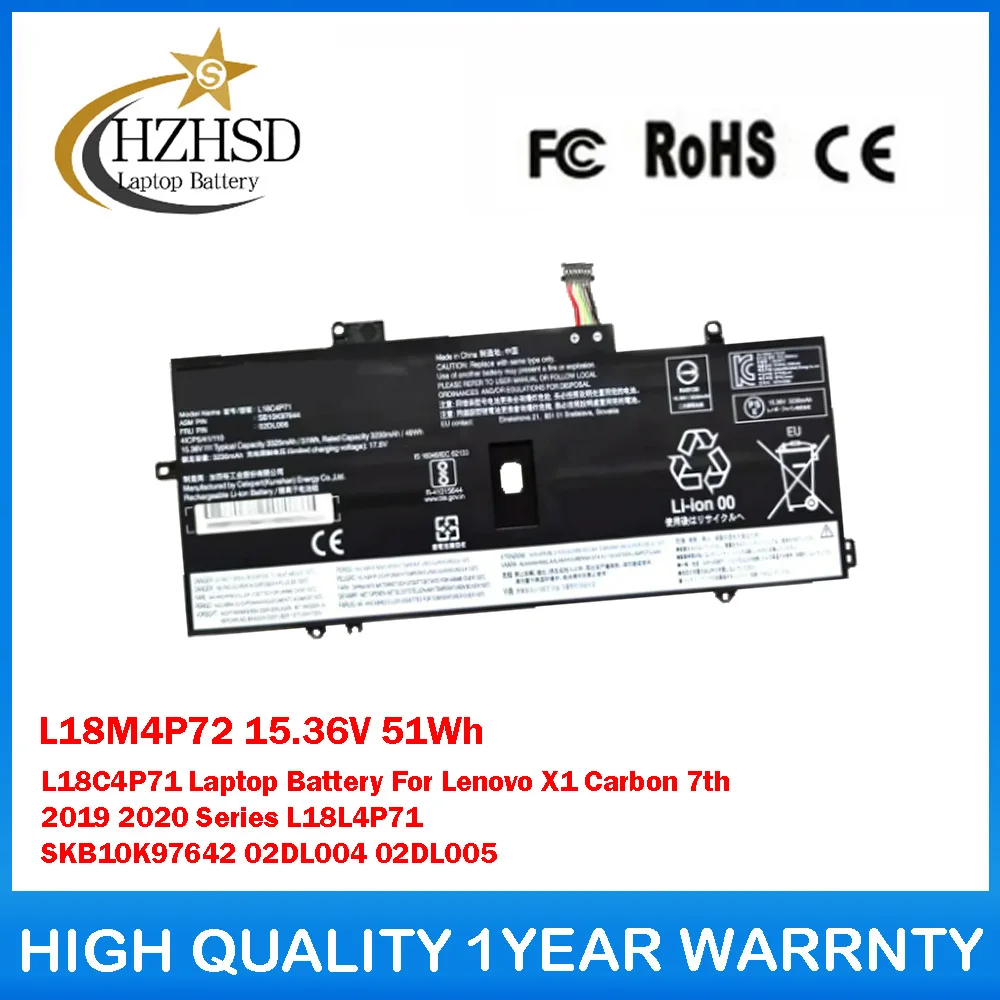 

L18M4P72 15.36V 51Wh L18C4P71 Laptop Battery For Lenovo X1 Carbon 7th 2019 2020 Series L18L4P71 SKB10K97642 02DL004 02DL005