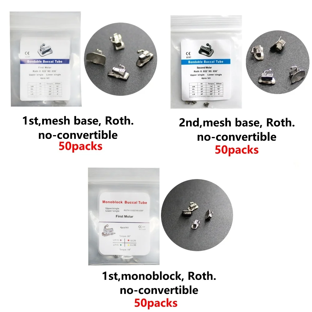 50Packs Orthodontic Dental Buccal Tube MonoBlock/Mesh Base Roth 1st/2nd Molar Non-convertible 022 4Pcs/Pack