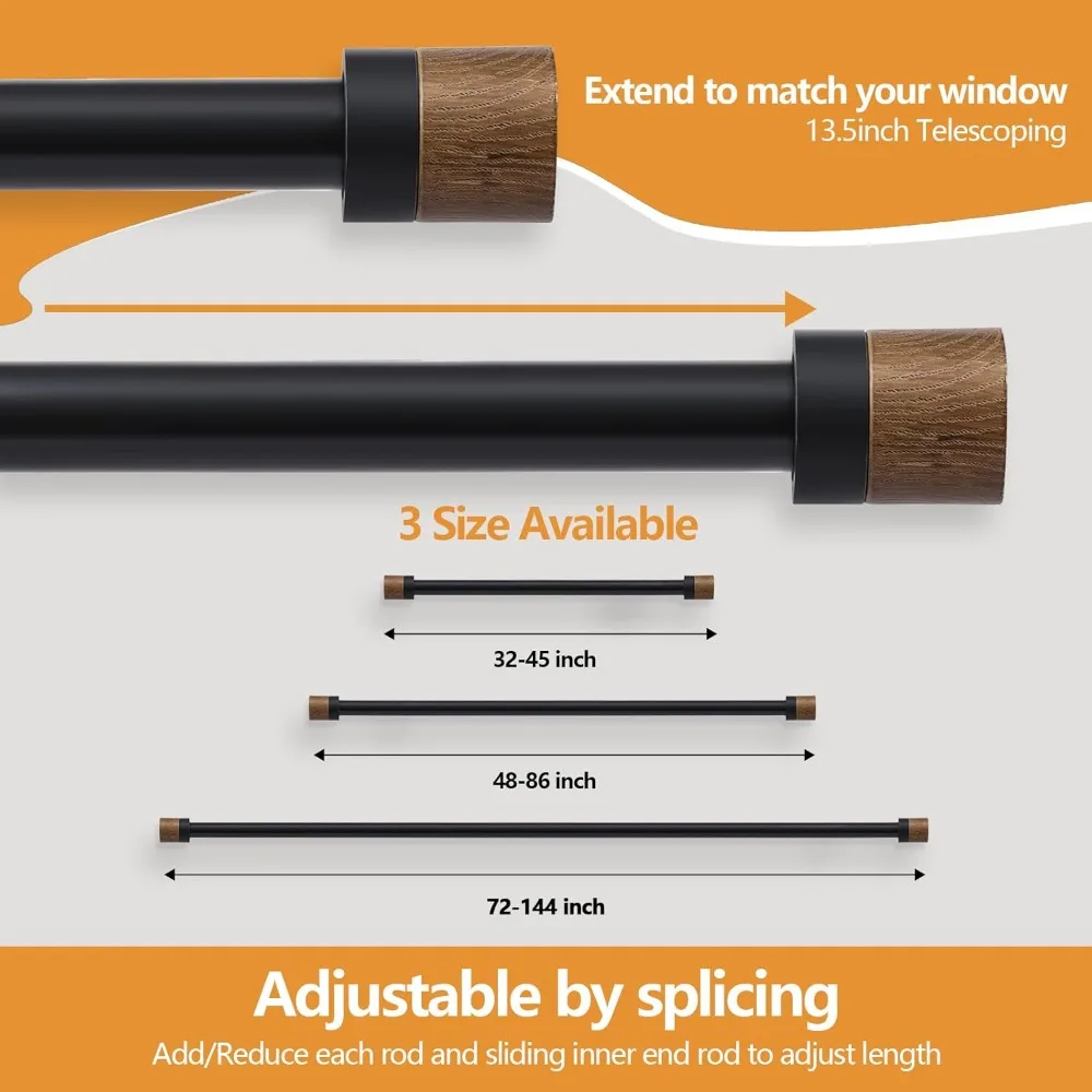 قضبان ستائر خشبية قابلة للتعديل من 72 إلى 144 بوصة قضيب ستائر عالي التحمل مع حبوب خشبية عبوة من قطعتين لغرفة النوم في النافذة #5