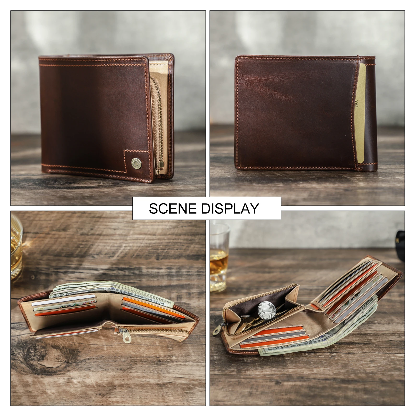Contact‘s Full Grain Leather Wallet for Men Customized Small Bifold Purse Slim Zipper Coin Pocket Rfid Blocking Card Holder