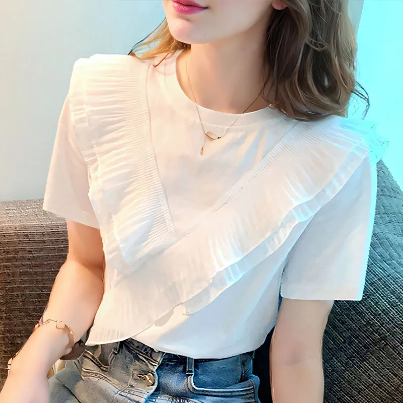 New Chiffon Cotton Women\'s Shirts Sweet Short Sleeve Women Blouse Ruffles Summer White Woman Tops Bottoming Office Lady Clothes