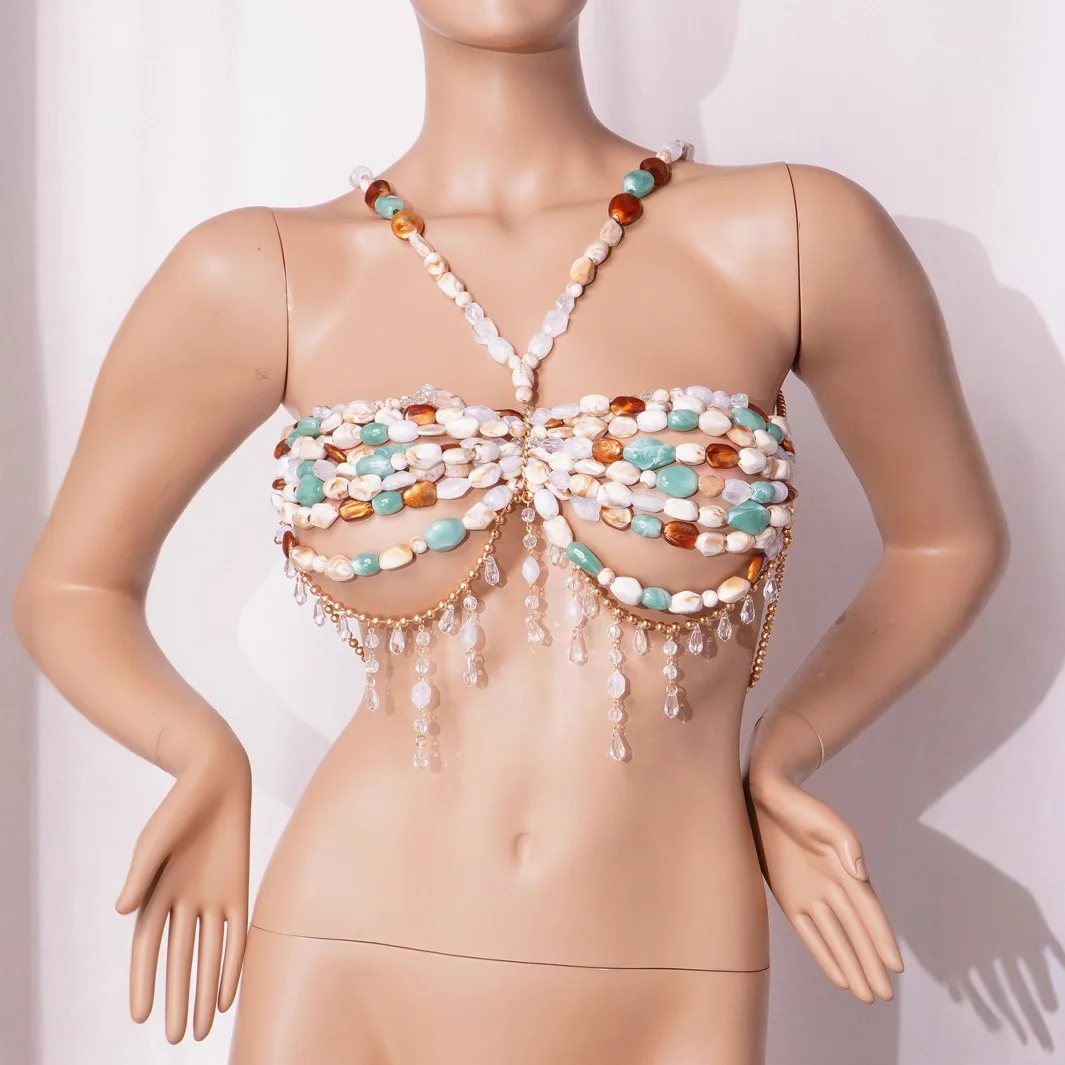 

Multi-color Natural Stone Beading Bra Chain Jewelry Halter Camis Women Bikini Crop Tops Summer Beach Party Tassel Body Chain