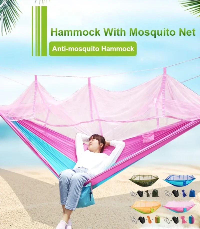 Outdoor Camping Hammock with Mosquito Net, Ultralight Nylon, Double, Large, Load-Bearing, Army Green Camping Air Tent