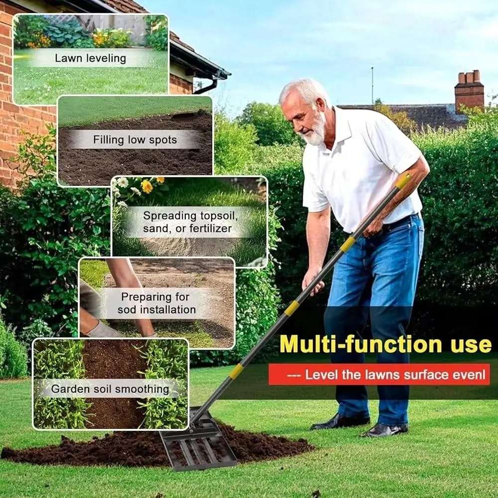 

Грабли для выравнивания газона из нержавеющей стали, сверхмощная регулируемая ручка, выравниватель почвы, гладкий край, нескользящий садовый выравниватель, использование двора