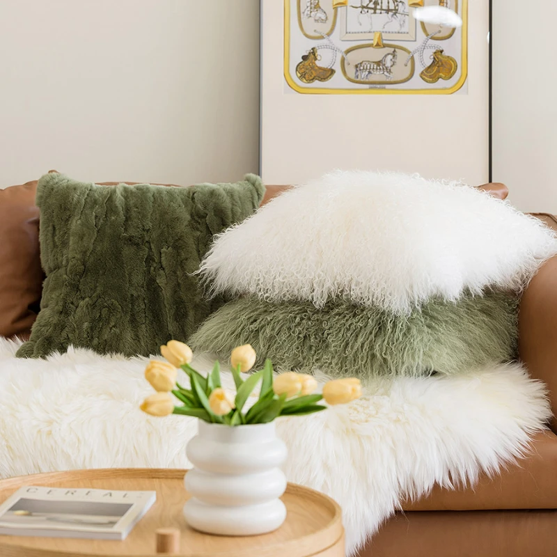 Luxury 45x45cm Green Beach Wool Pillowcase Solid Mongolian Fur Cushion Cover for For Living Room Fur Rabbit Hair Pillow Decor