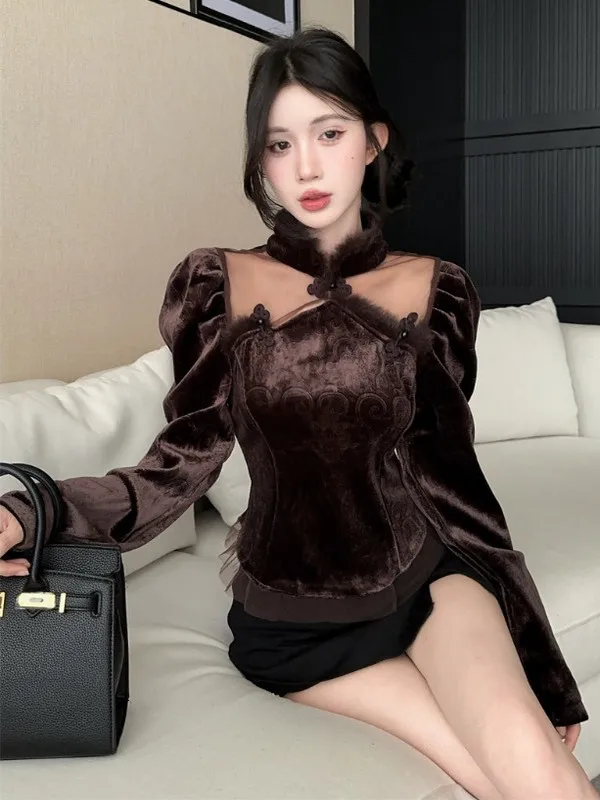 Women's Retro Brown Velvet Long-sleeve Shirt Top Solid Versatile Layering Inner Fuzzy Collar Jacquard Sheer Tulle Baseics Insert