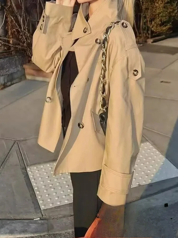 

KONDALA повседневные шикарные женские куртки, однотонные двубортные длинные пальто с отложным воротником и карманами, модное свободное пальто весны 2025 года