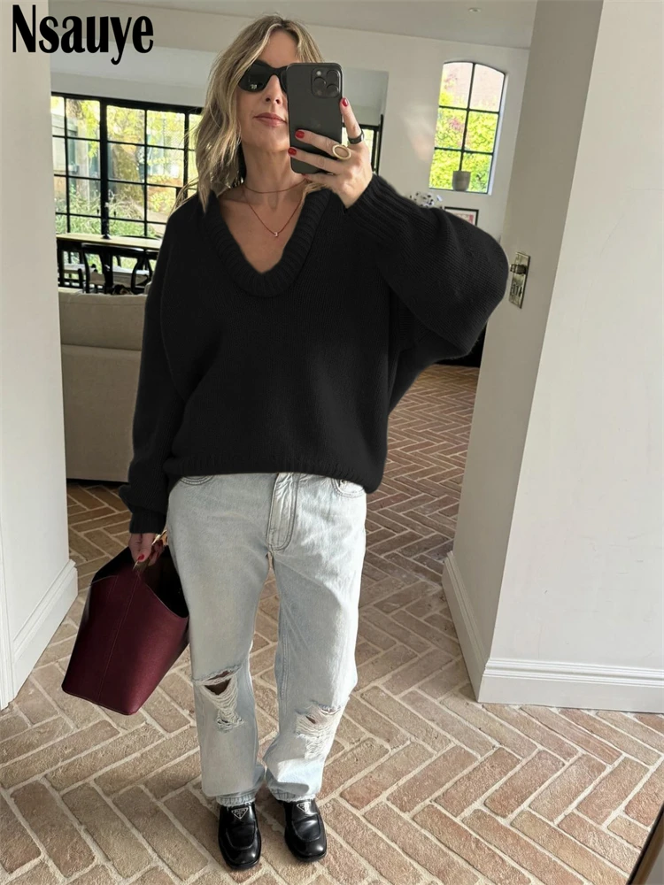 Nsauye Women Casual Long Sleeve Loose New Fashion O Neck Knitted Sweater Jumpers Tops 2024 Winter Loose Club Y2K Sexy Sweater