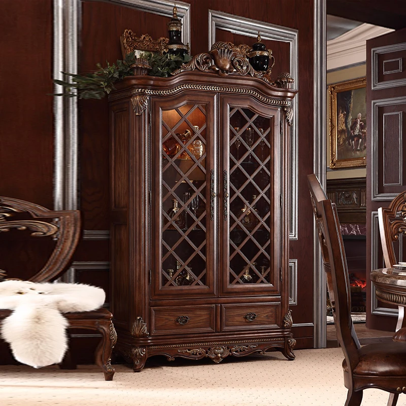 European pure solid wood two-door wine cabinet, living room dining room locker, household display cabinet, wall storage cabinet,