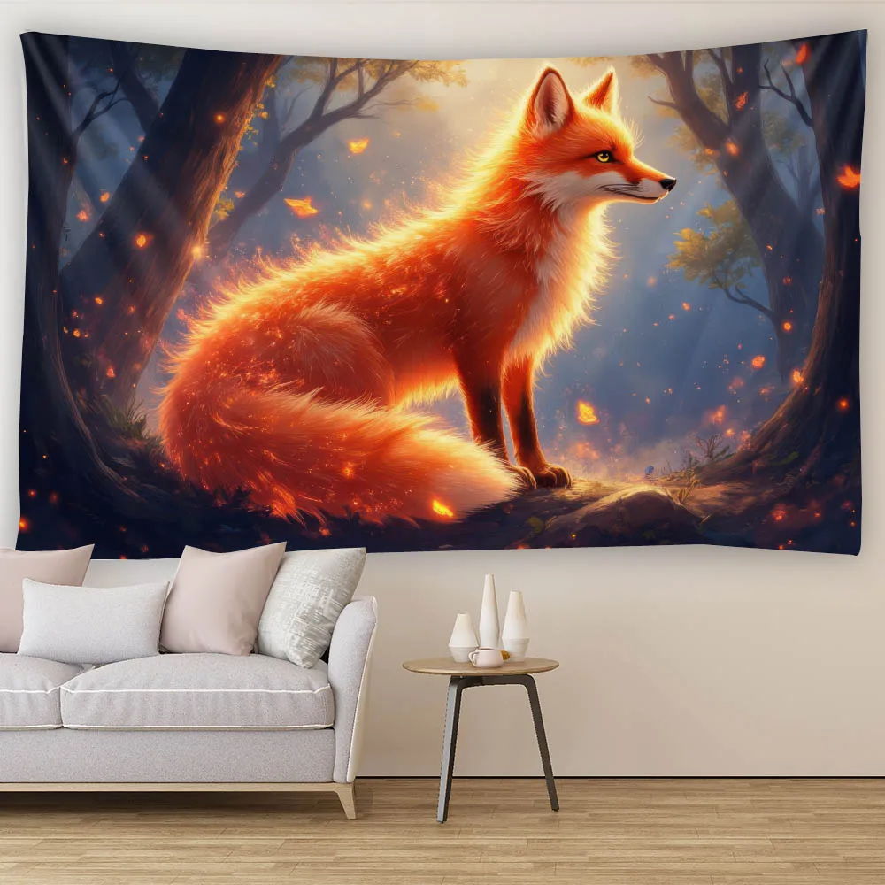 Majestic Fox Tapestry Wall Decoration Fantasy Animals Mysterious Luminous Jungle Home Decoration Hanging Art Paintings