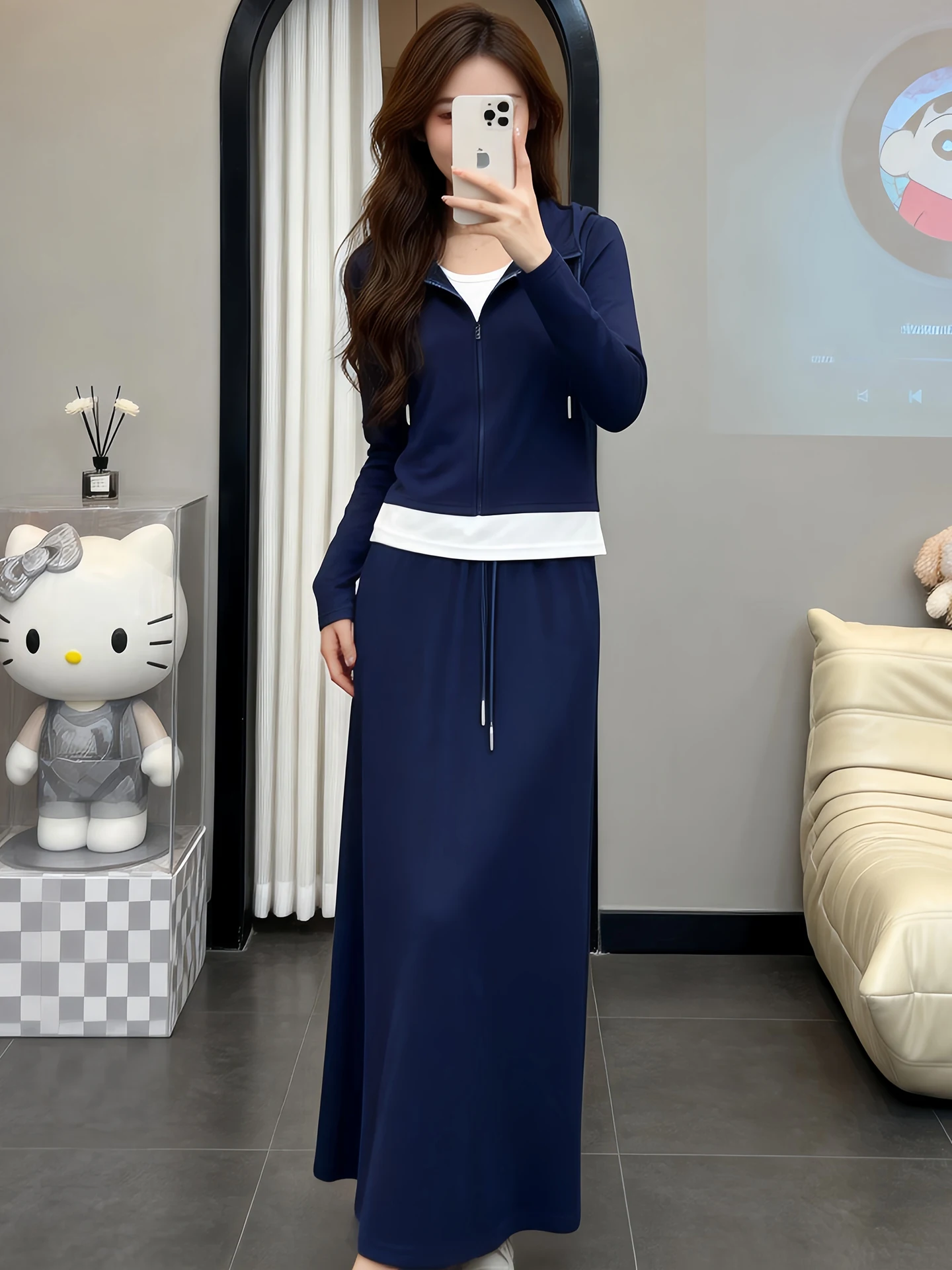 

Chic Hoodie And Skirt Set Women's Casual Spring Autumn Fashion High Waist Midi Skirt Matching Sweatshirt Two Piece Set