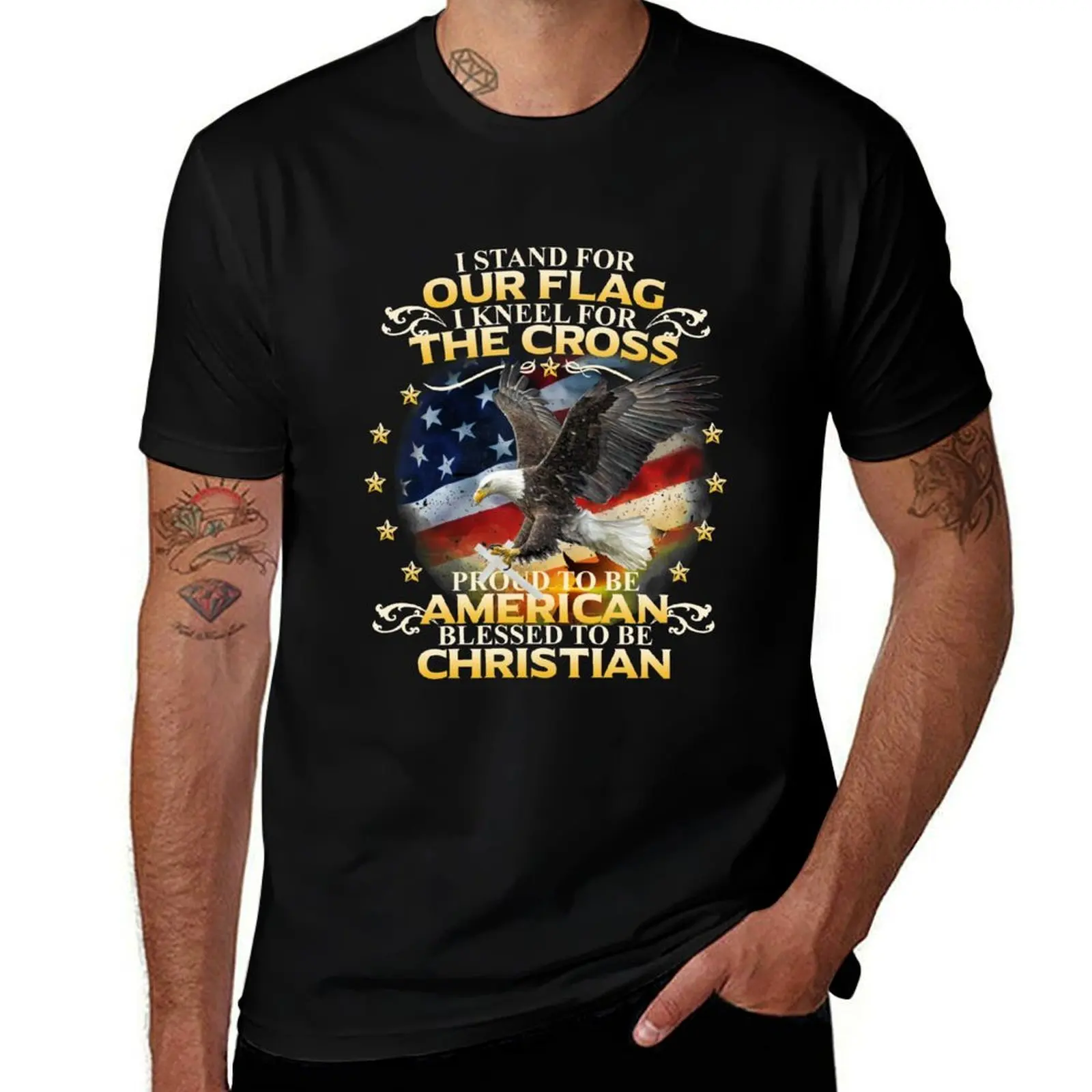 

I Stand For Our Flag I Kneel For The Cross American Christian T-Shirt Functional Casual Short Sleeve Tee