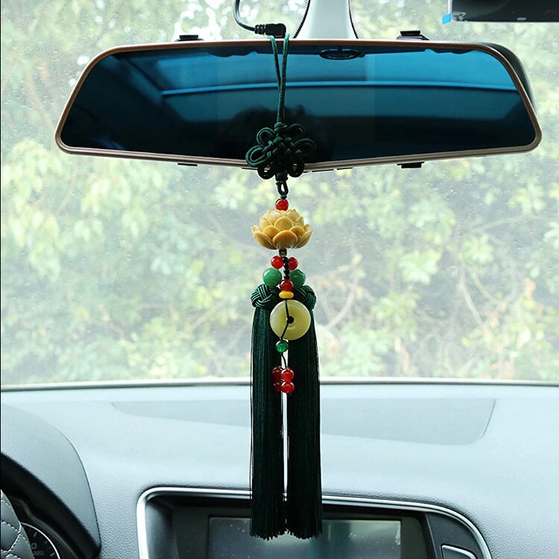 Chinese Knot Natural Obsidian Carved Lotus God of Fortune Amulet Lucky Pendant Silk Tassel Ornaments Gift keychain Jewelry