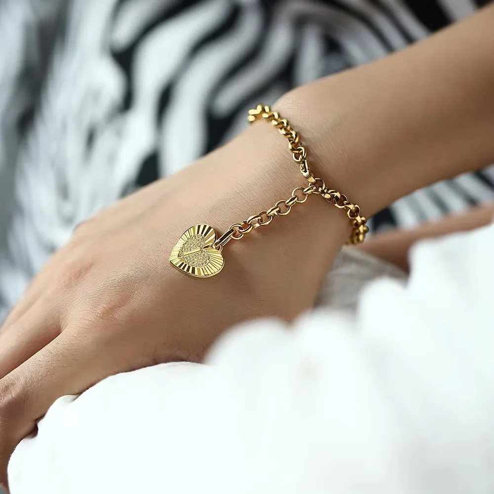 5mm Gold Color Stainless Steel Heart Shaped Initial Letter A Z Charm Bracelet for Women Girls Rolo Link Chain Adjustable Jewelry