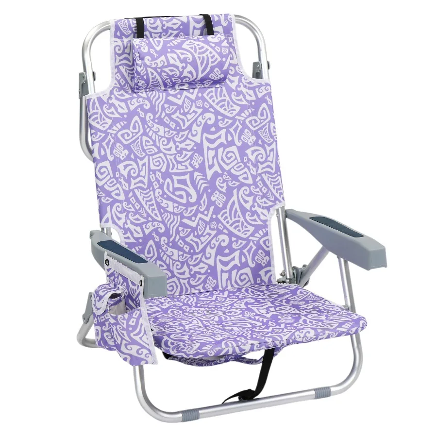 

1 PCS Aluminum Beach Chair, 8.5 Inch Seat Height Purple Tribal Pattern, Adjustable Folding Chair with Headrest, Shoulder Strap,