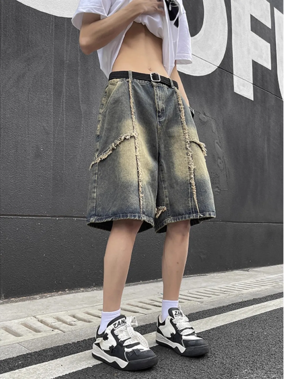 

Retro American Waed Denim orts Men's Summer New Loose Straight Casual Five-Quarter Pants Youth Vitali Sle Wear Resistant