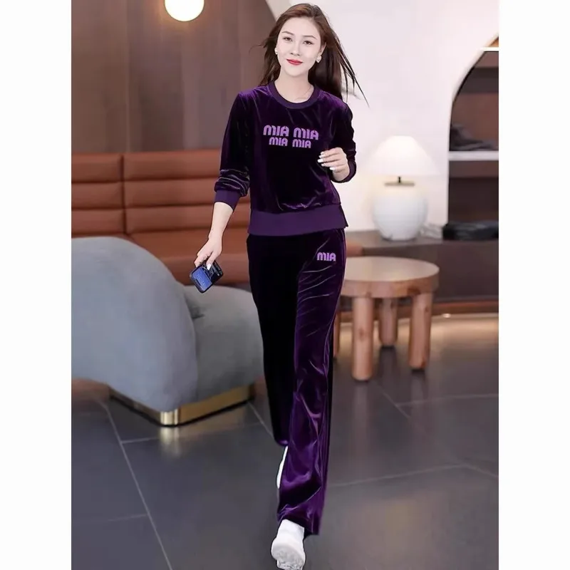 Women\'s Fashion Golden Velvet Sportswear Suit Spring Autumn New Casual Round Neck Crop Tops And Pants 2 Two Piece Set For Women