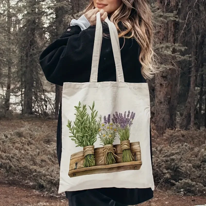 Large Canvas Tote Bag Beige Floral Herb with Lavender Chamomile Gardening Beach Botanical Print Gardening Lover Women Gifts