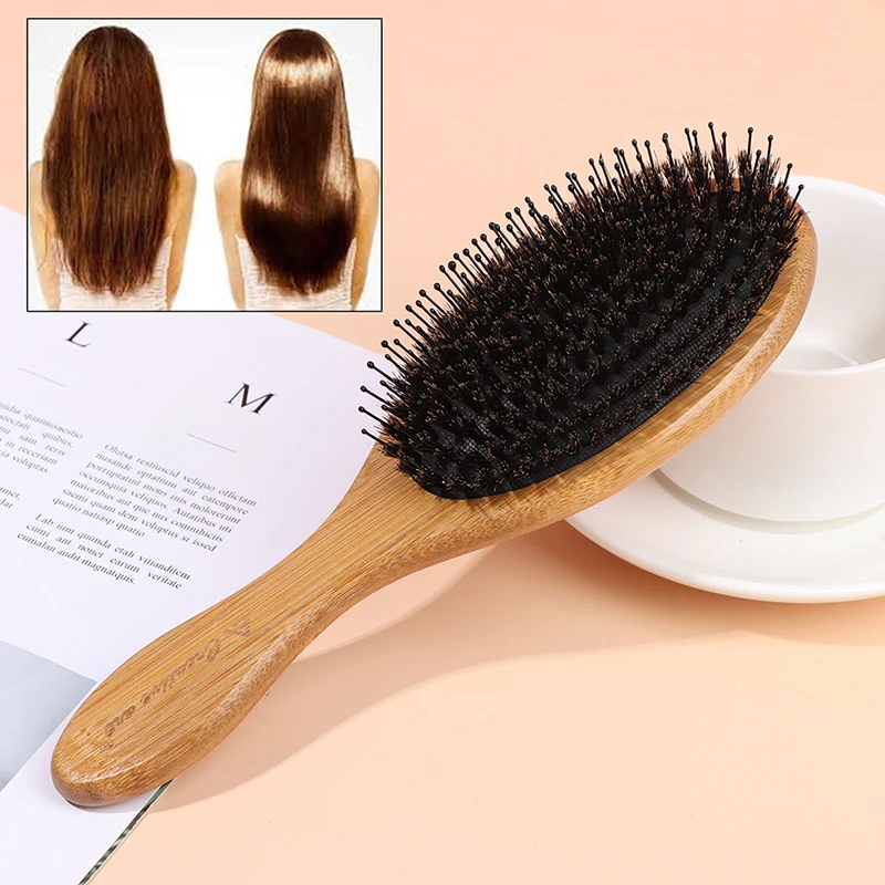 Hair Brush Wood Handle Boar Bristle Beard Brush Comb Detangling Straightening