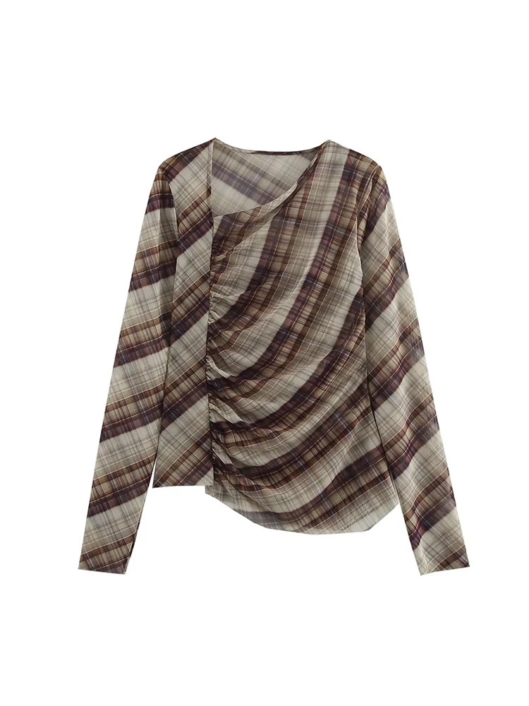 

Willshela Women Fashion Printed Tulle Pleated T-Shirts Vintage Asymmetrical Neck Long Sleeves Female Chic Lady Shirts