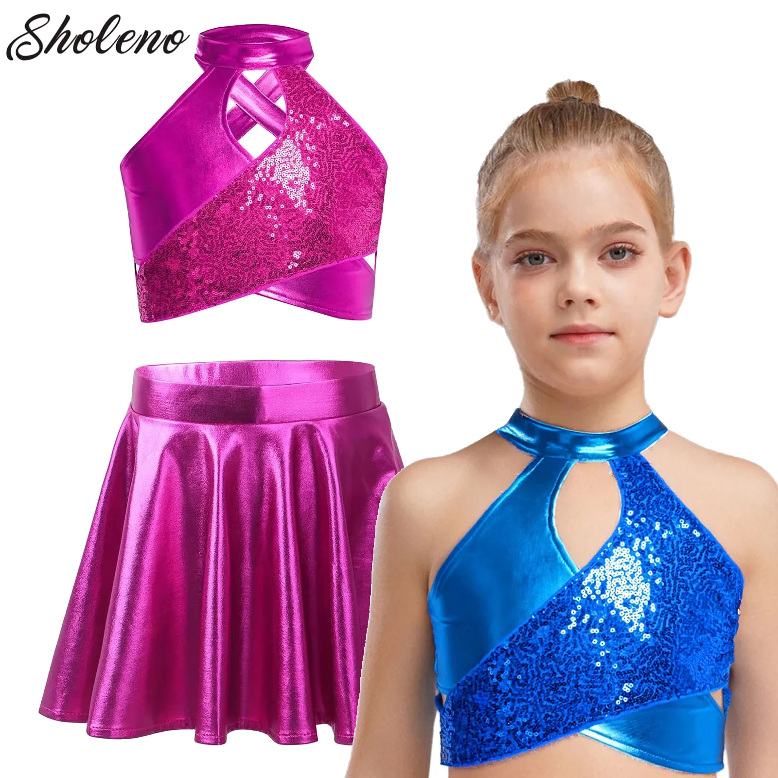 

Kids Girls Jazz Latin Chacha Dance Disco Stage Performance Outfit Teens Dance Set Sequined Vest Crop Top with A-Line Skirt