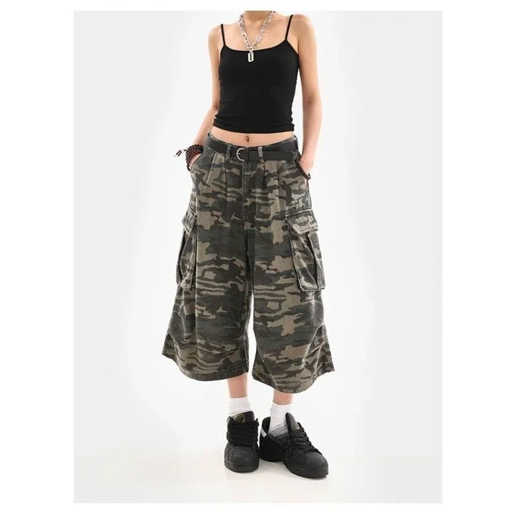 American Retro Camouflage Short Pants For Women Trendy Fashion Calf- Length Pants Straight Loose Casual Wide Leg Shorts