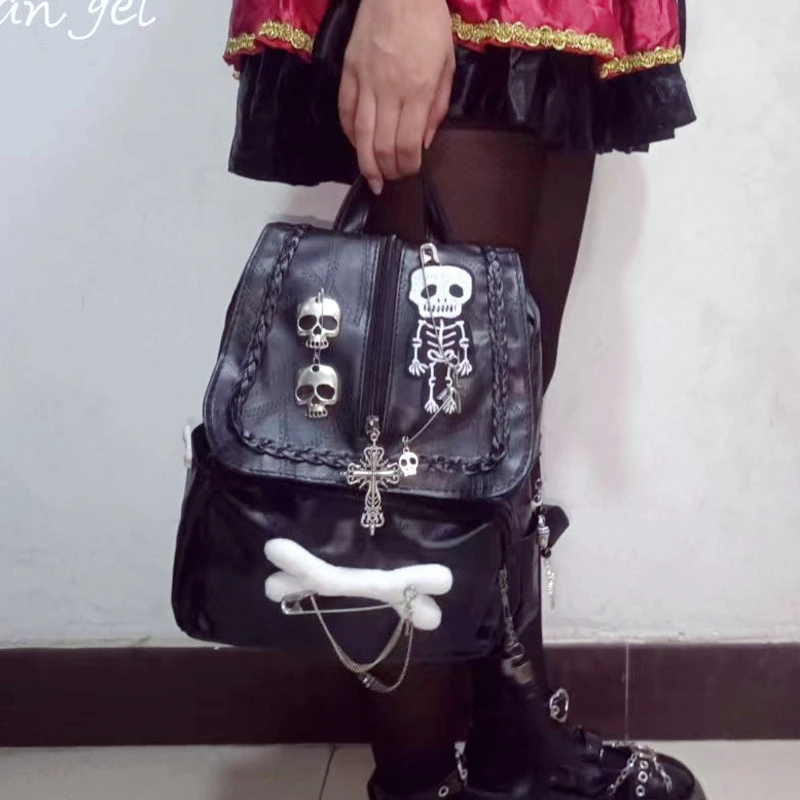 Miniso Gothic Rock Skeleton Black Backpacks For Women Y2k Trend Grunge Bcakpack Skull Angel Punk Fashion Anime Diablo Schoolbag