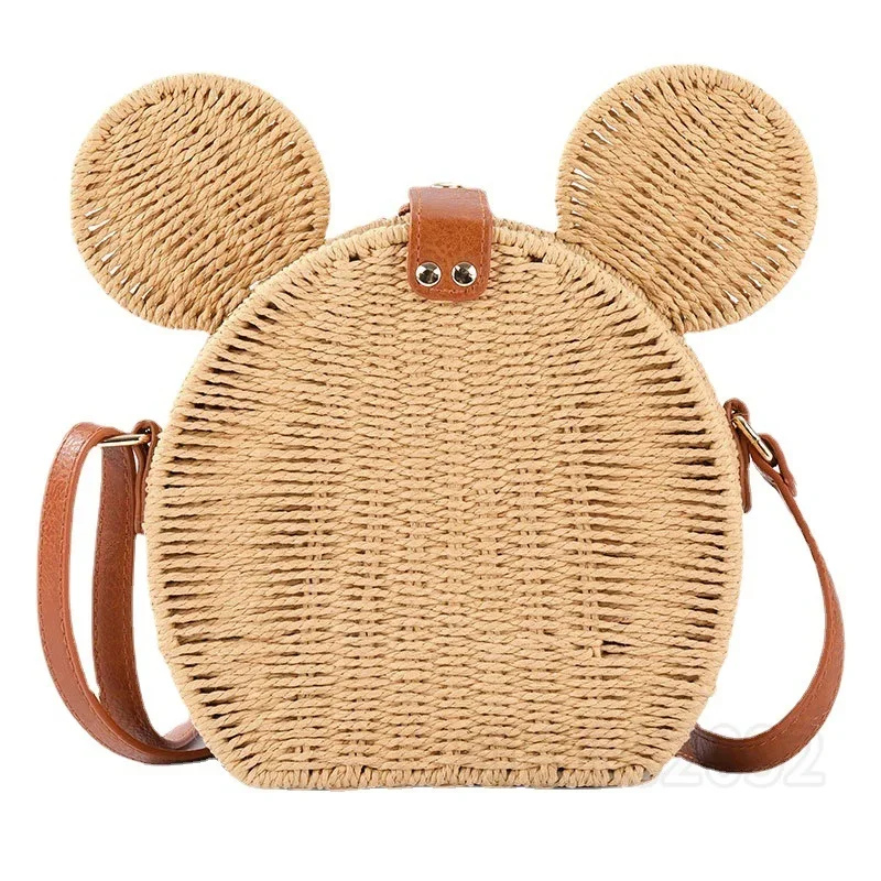 Disney Mickey\'s New Straw Style Bag Cartoon Fashion Cute Women\'s Handbag Tengteng Travel Leisure Vacation Small Round Beach Bag