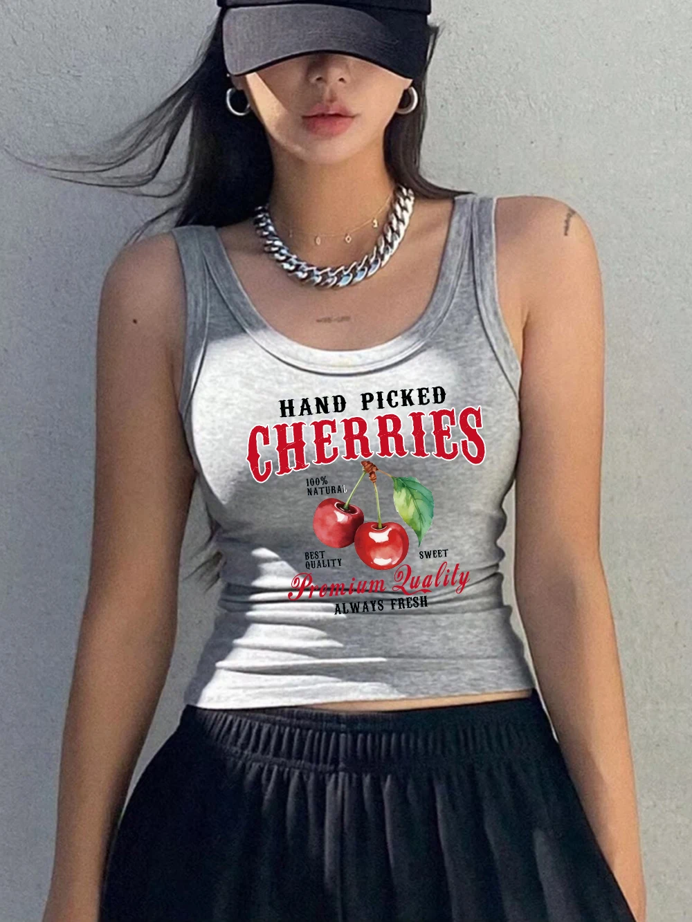 Hand Picked Cherries Fruits Prints Singlet Summer Women Ribbed Knit Vest Slim O-Neck Cotton Tank Tops Sporty Soft Sleeveless
