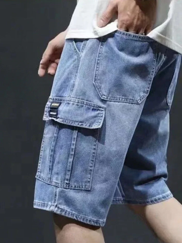 Man Denim Shorts Black Gray Cargo Short Jeans Pants for Men with Pockets Popular Buttons Vintage Trend 2024 Comfortable Thin