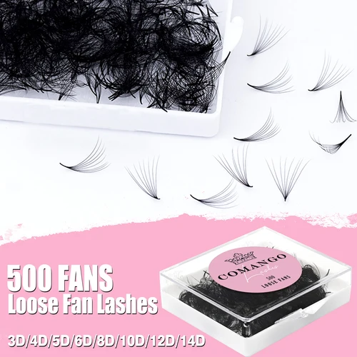 Imagen 2 del producto CoMango 500 ventiladores Promade Fans extensión de pestañas a granel 3/6/7/10/12/14/16D tallo puntiagudo 0,05/0,07 C/D Curl ventiladores de volumen prefabricados