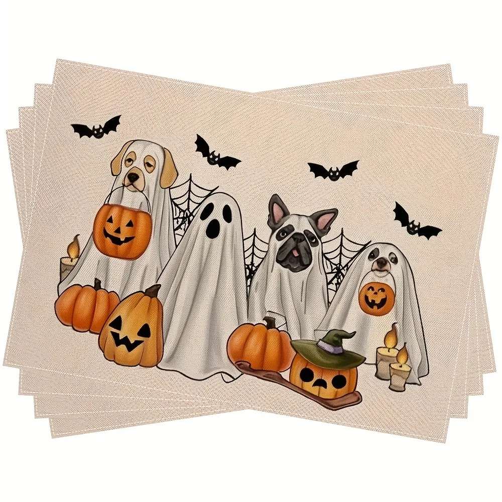 Halloween Cute Pet Placemats Featuring Adorable Dogs Dressed as Ghosts Holding Jack-o'-lanterns on a Beige Background