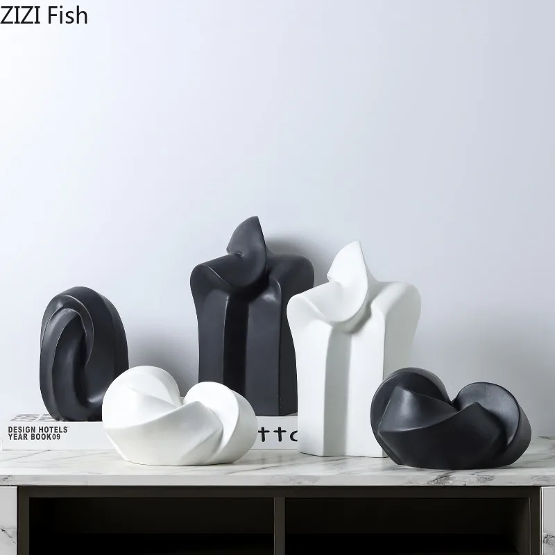 Minimalist Ceramic Ornaments Abstract Geometric Sculpture Home Decoration Crafts Desktop Black and White Statue Display Model