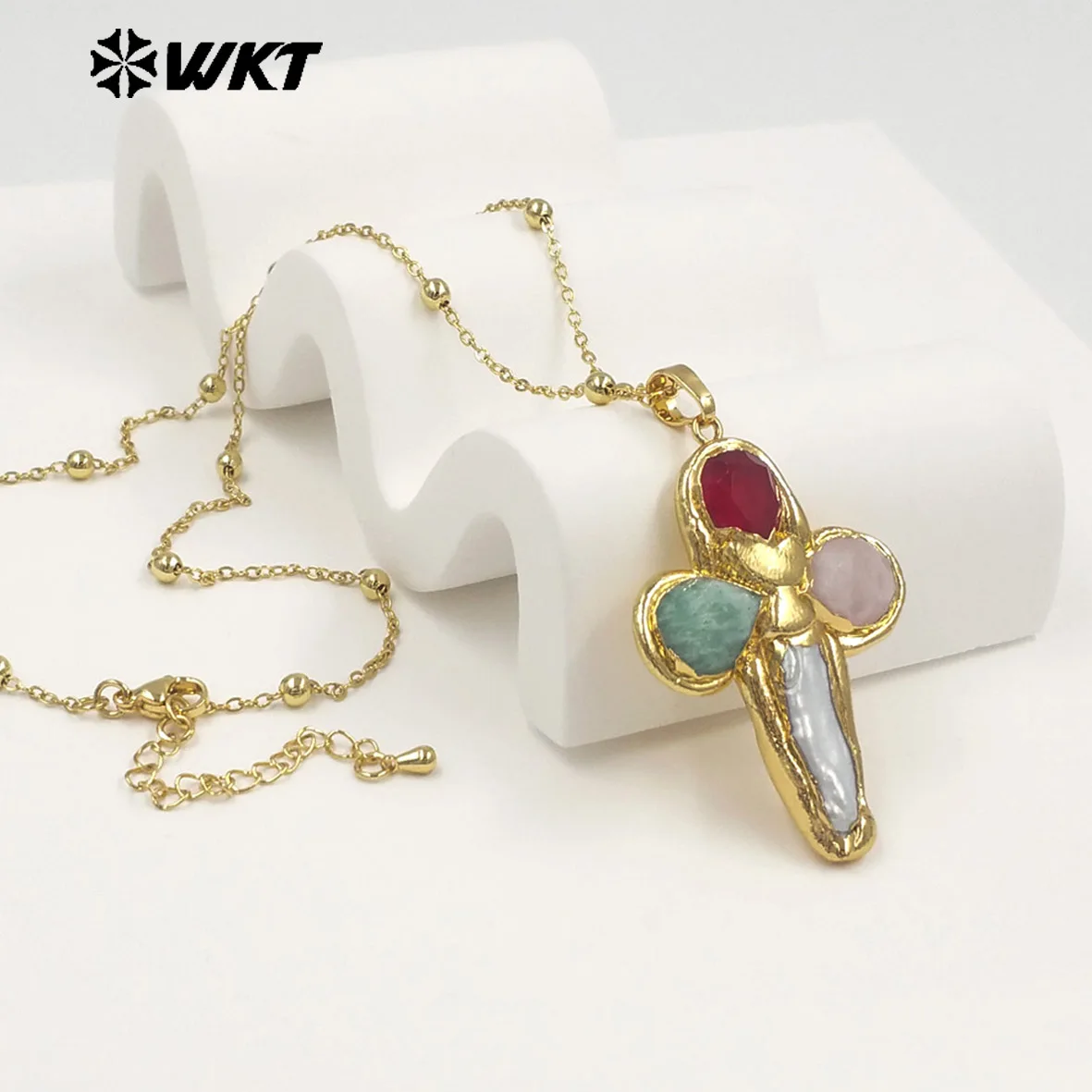 

WT-JN284 WKT Exclusive Natural Gemstone And Baroque Pearl Handmade Cross Shape Pendant Necklace With 18 Inch Gold Plated Chain
