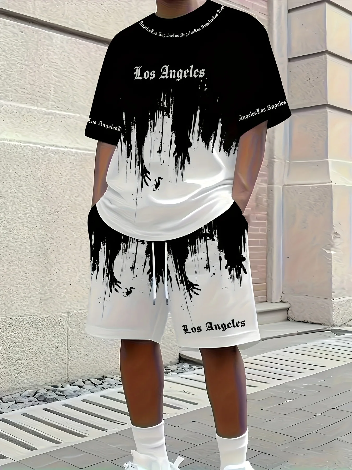 

Two Piece Letter Print+Halloween Men's Short Sleeved Casual Set, with Drawstring Shorts and Pocket Vacation Clothing,