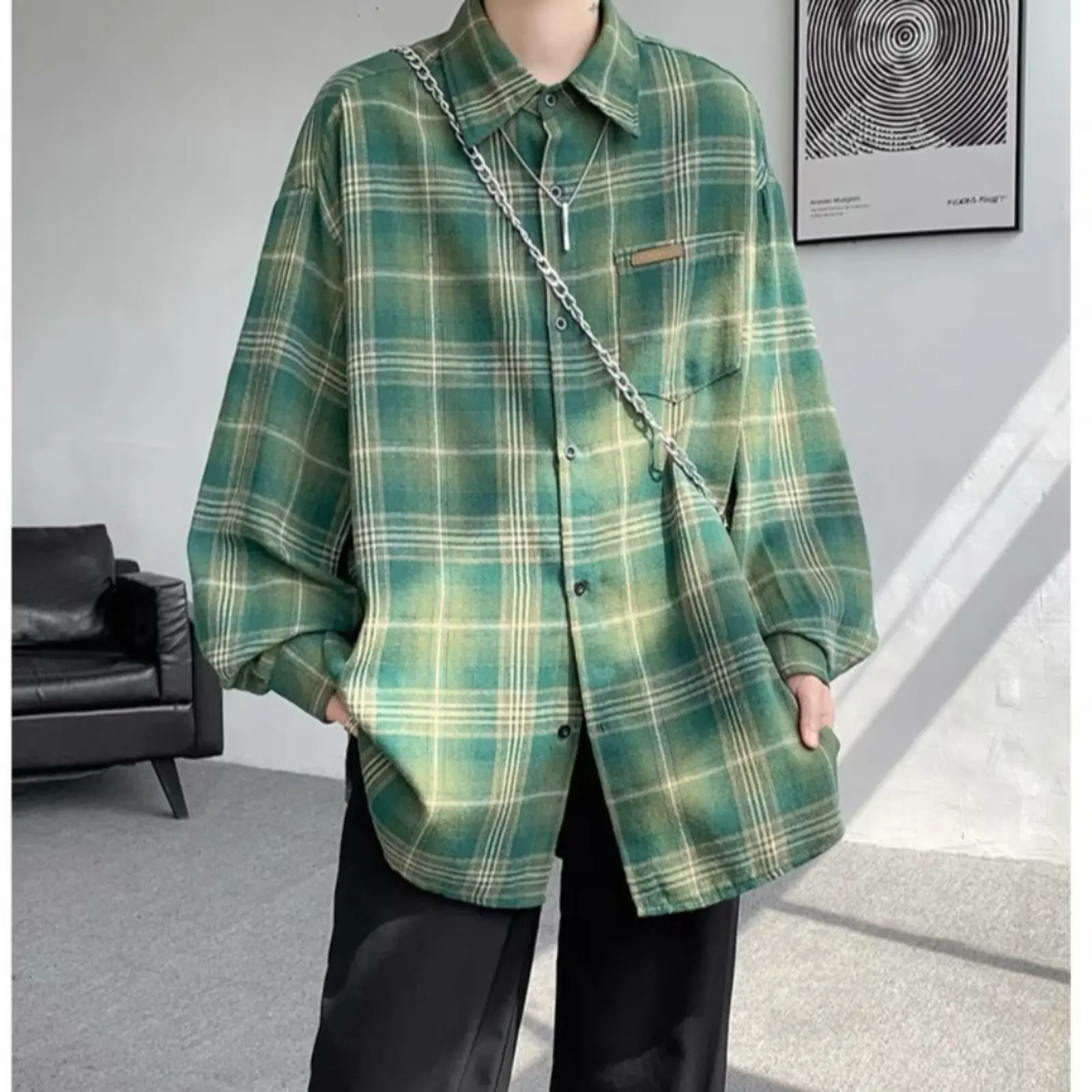 

Loose Long Sve Plaid Design Couple irts Autumn Large Size 250 Pou Dual Color American Sle Men's irt Outerwear