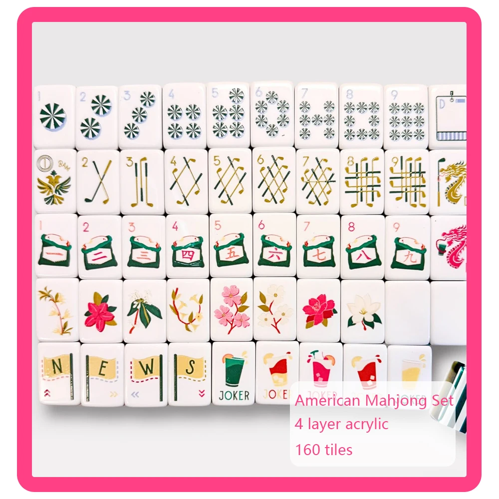 

Golf Themed American Mahjong Set 4-layer Acrylic 160 Mahjong Game Tiles Portable Travel MahJong for Leisure Family Party Gifts