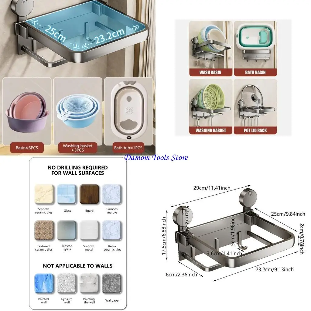 57BE Wall Mounted Folding Towel Rack Suction Cup Shelf Space Saves for Balcony Use